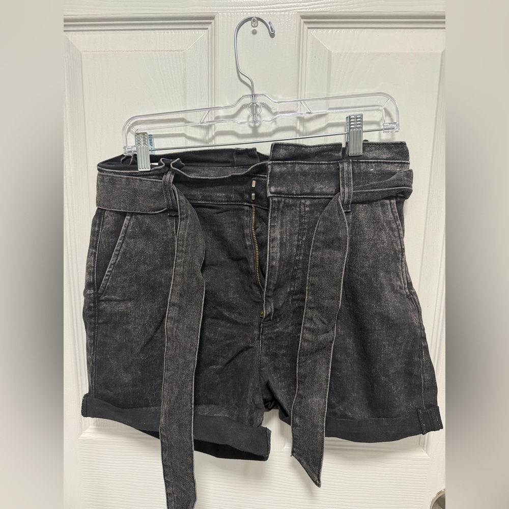 Express Washed Black High-Waist Paperbag Shorts with Self-Tie Belt